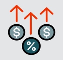 Two dollar signs and a percentage sign in circles with up arrows above them