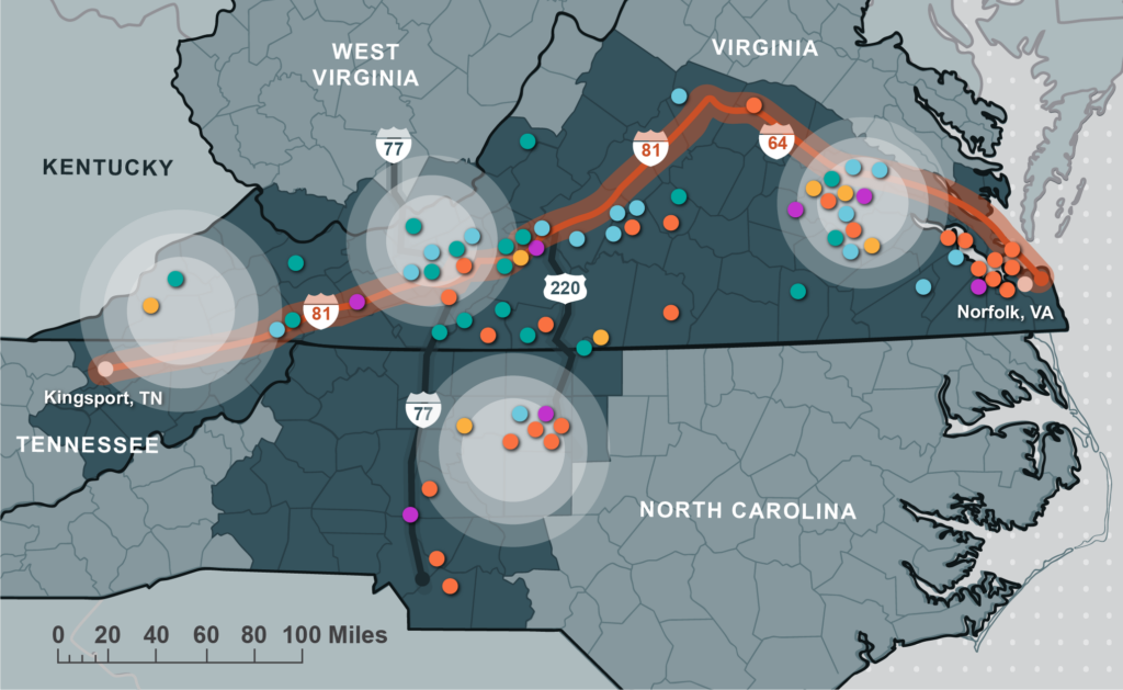 A map of Virginia and parts of North Carolina and Tennessee